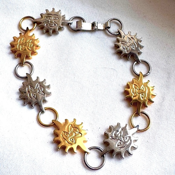 ☀️Vintage Stylish Mexican .925 Sterling Silver Two Tone Sun Motif Bracelet ☀️ - Picture 1 of 16